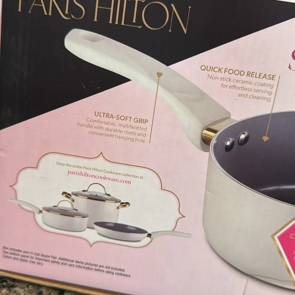 Paris Hilton 2 quart sauce pan with glass lid white and gold NEW